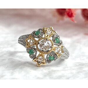 White Topaz & Emerald Irish Prayer Cross Dual T Sterling 925 Vintage Ring - sz 6